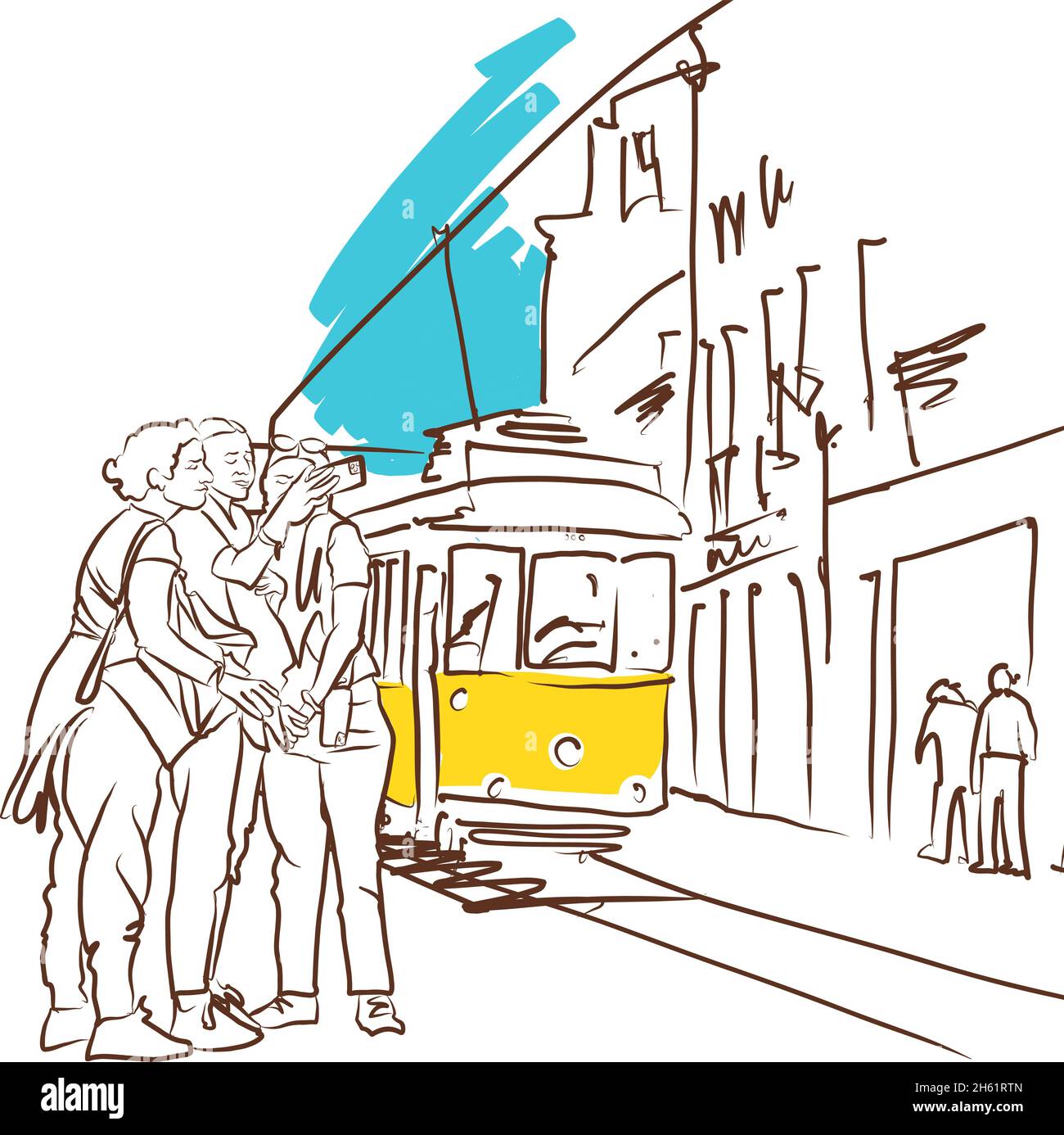 Disegno del tram di Lisbona con i turisti - illustrazione vettoriale. Schizzo vettoriale del tram di Lisbona. Illustrazione Vettoriale