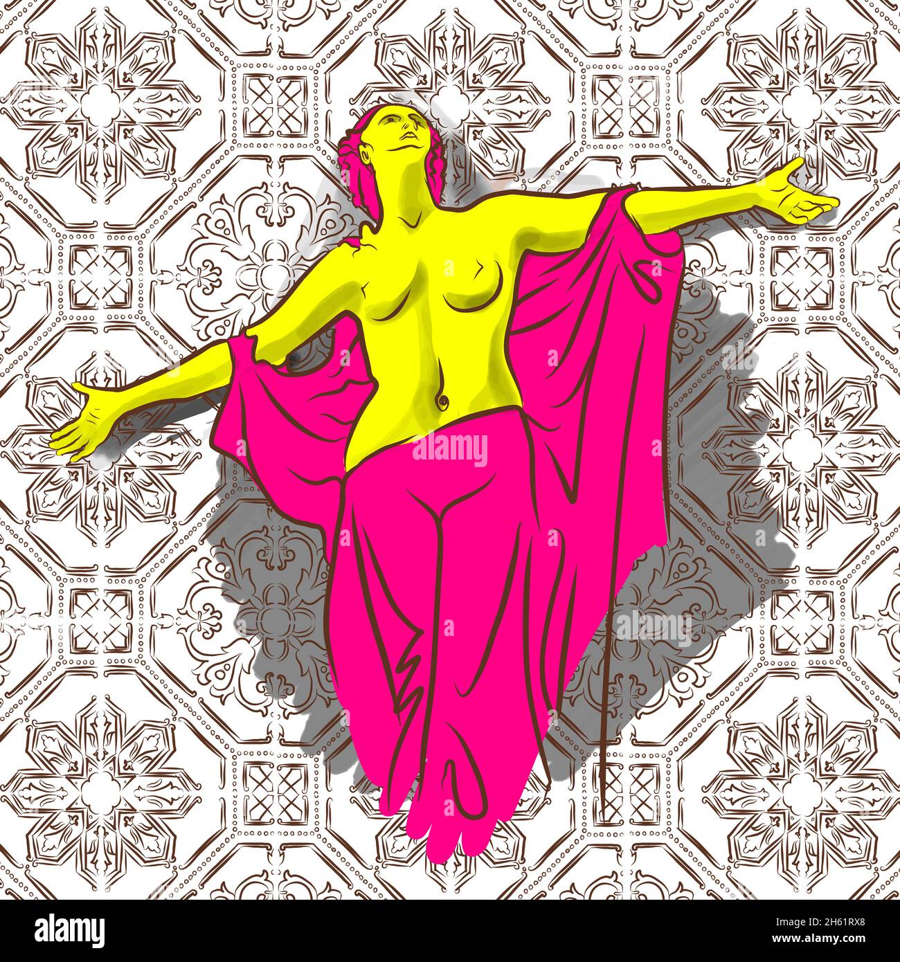 Statua disegnata a mano sulla patchwork. Motivo elegante perfetto per la stampa su tessuto o carta. Illustrazione Vettoriale