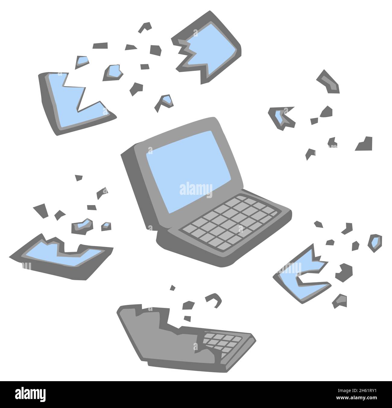 Dispositivi schermo computer rotti, incrinati e frantumati in pezzi, set di elementi di design cartoon, vettore colore isolato, orizzontale Illustrazione Vettoriale