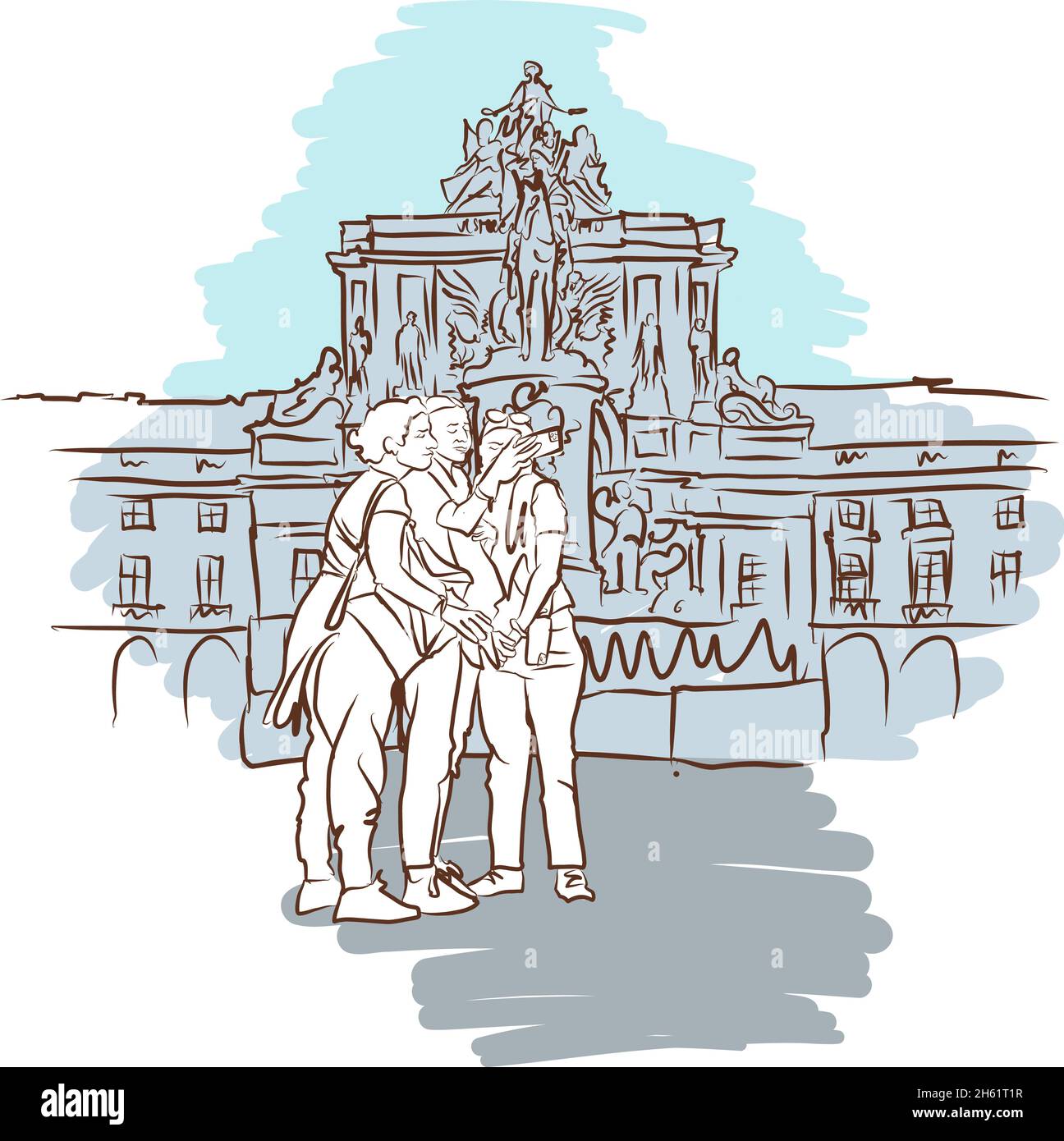 Disegno vettoriale Piazza del Commercio di Lisbona. Arco Triunfal da Rua Augusta. Commerce Square disegno vettoriale a mano. Illustrazione Vettoriale