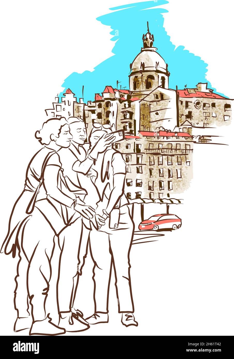 Lisbona, Portogallo Travel sketch. Antico panorama di Lisbona, Portogallo. Disegno vettoriale del paesaggio urbano in stile di schizzo disegnato a mano. Illustrazione Vettoriale