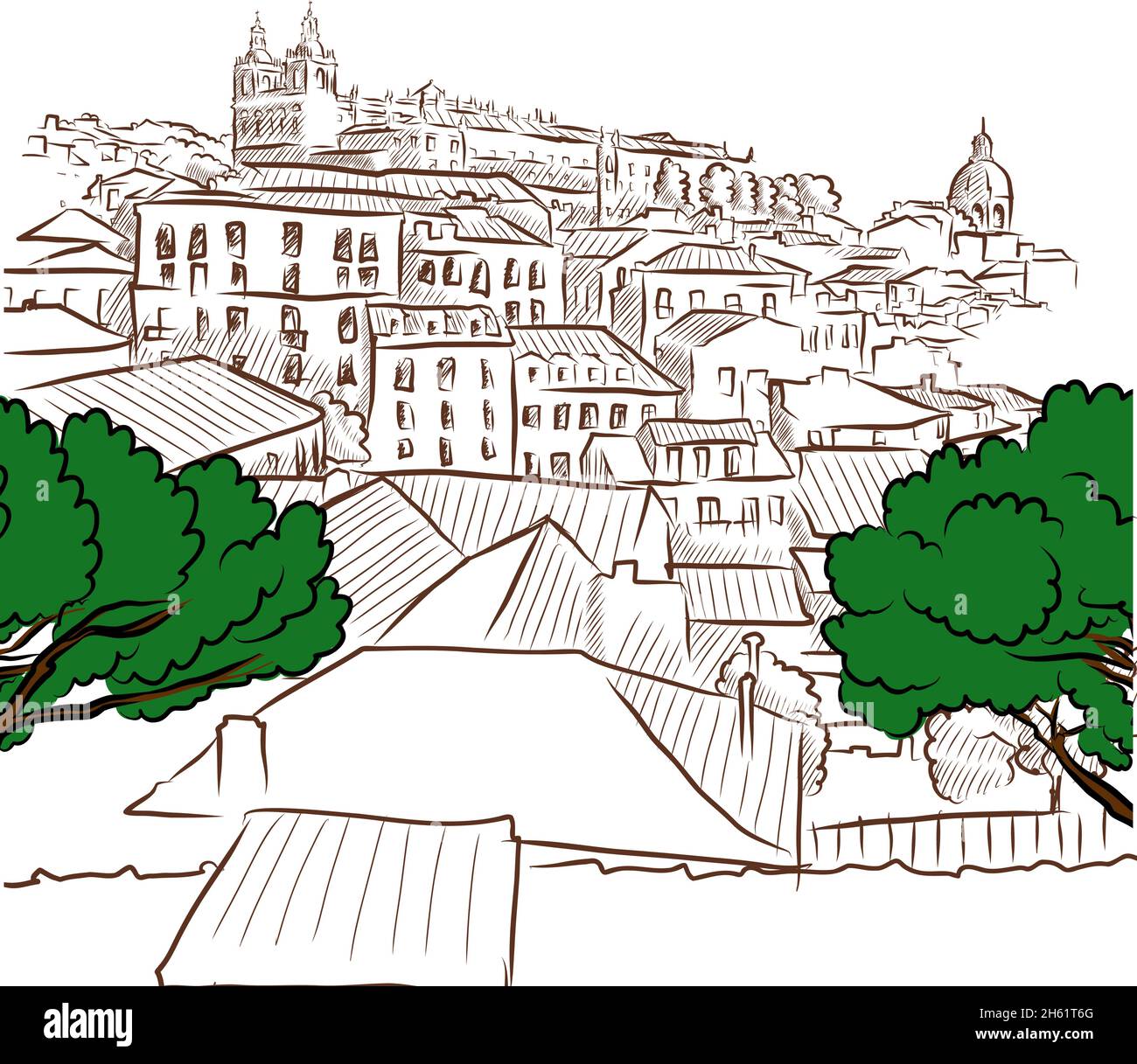 Tetti di Lisbona. Disegni vettoriali disegnati a mano da Lisboa, Portogallo. Illustrazione Vettoriale