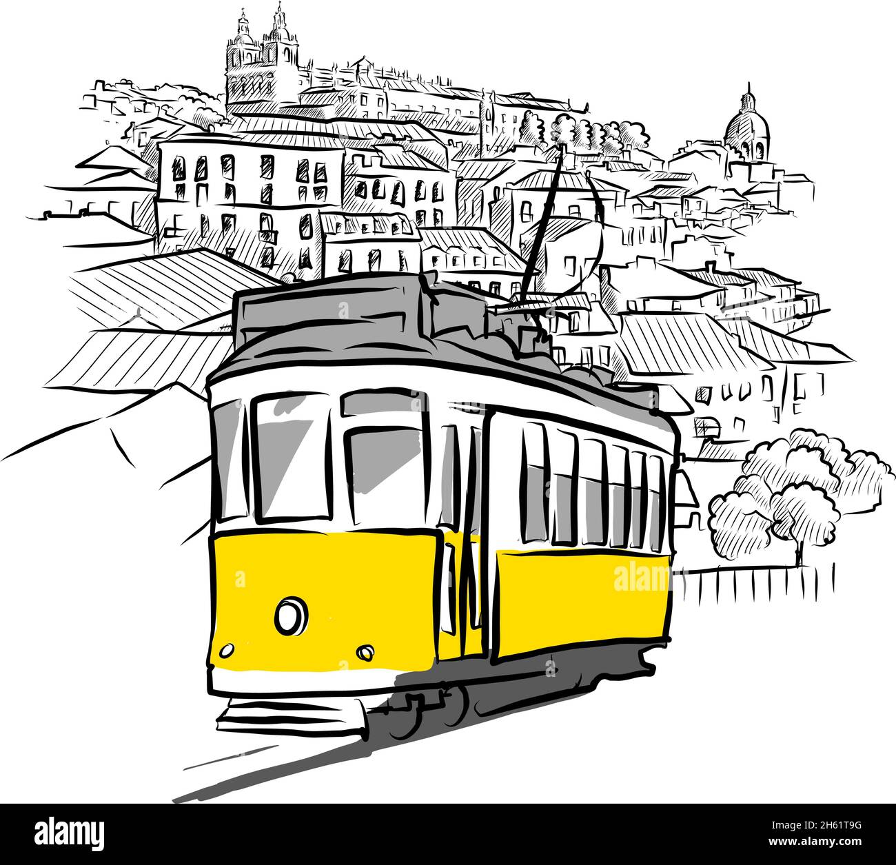 Tram e panorama antico. Disegni vettoriali disegnati a mano da Lisboa, Portogallo. Illustrazione Vettoriale