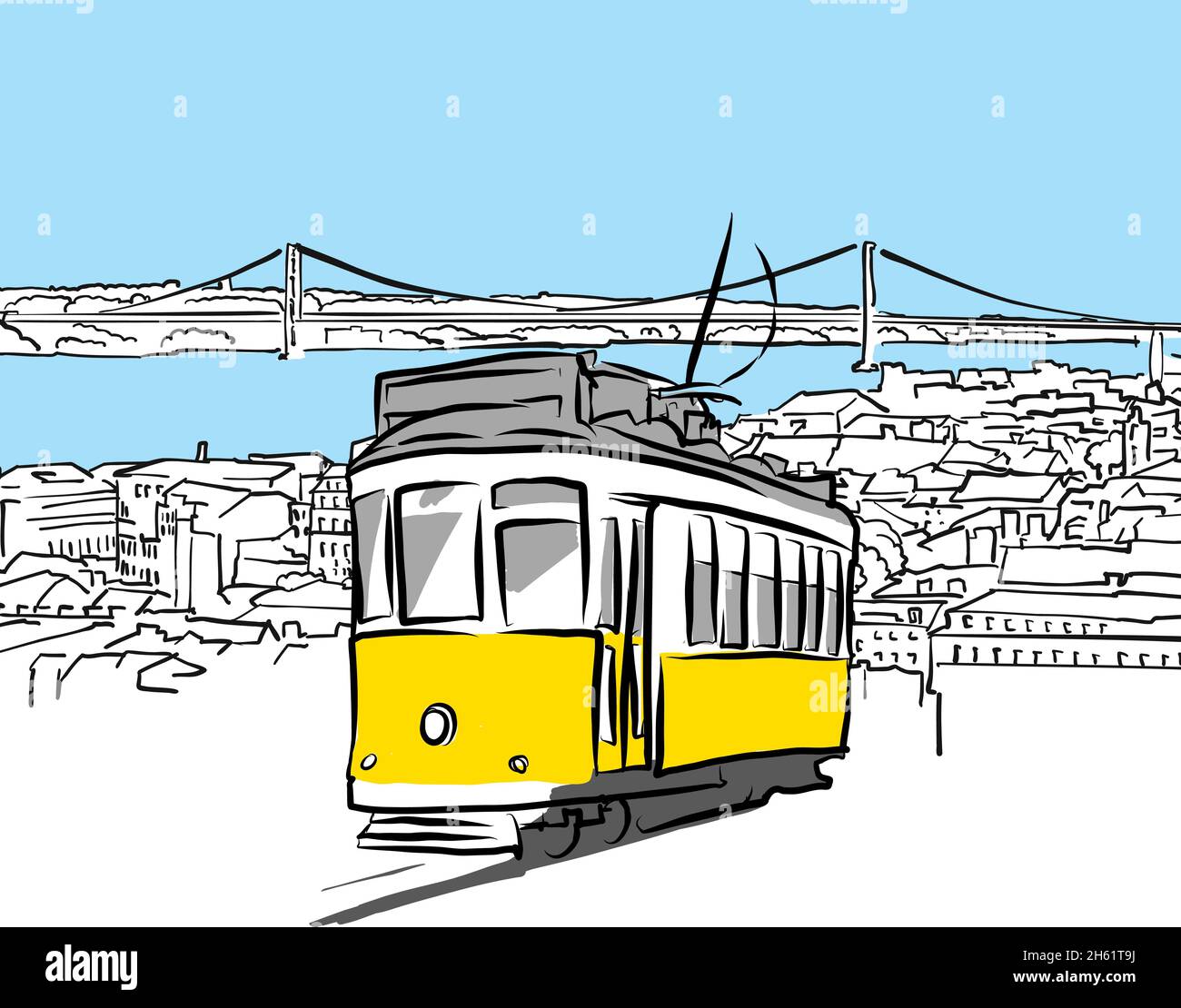 Tetti di Lisbona con tram. Disegni vettoriali disegnati a mano da Lisboa, Portogallo. Illustrazione Vettoriale