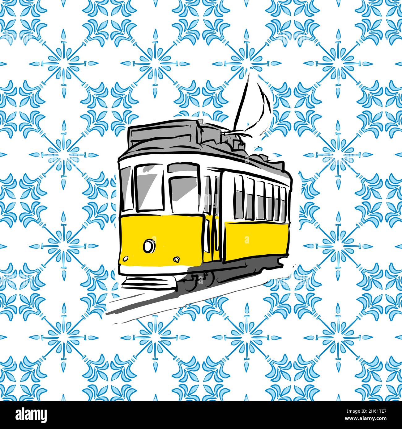 Tram Lisboa su sfondo blu. Vettoriali pattern astratto sfondo per web sfondo, stampa, cuscini, superficie texture, sfondo. Illustrazione Vettoriale