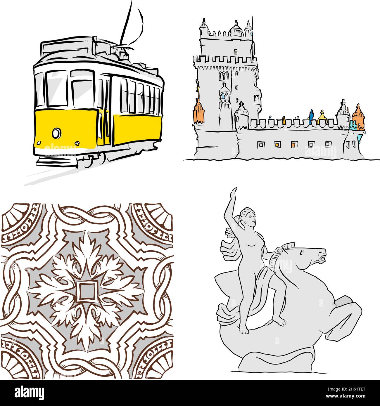 Set di disegni di Lisbona. Schizzi vettoriali disegnati a mano da Lisboa. Tram, Belem torre, statua e modello. Illustrazione Vettoriale