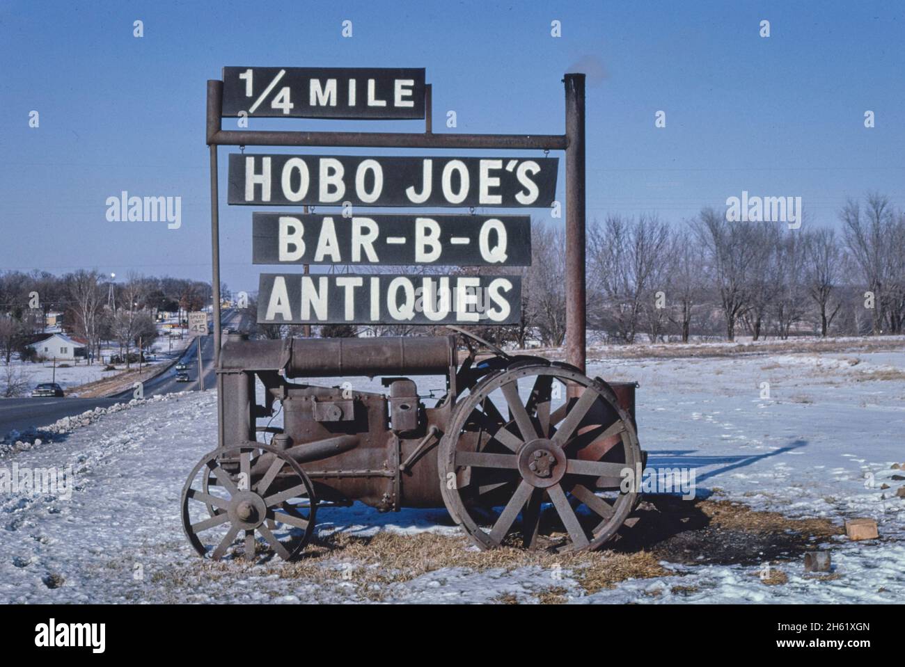 Hobo Joe's BBQ 7 segno di antiquariato, Route 71, Springdale, Arkansas; ca. 1984 Foto Stock