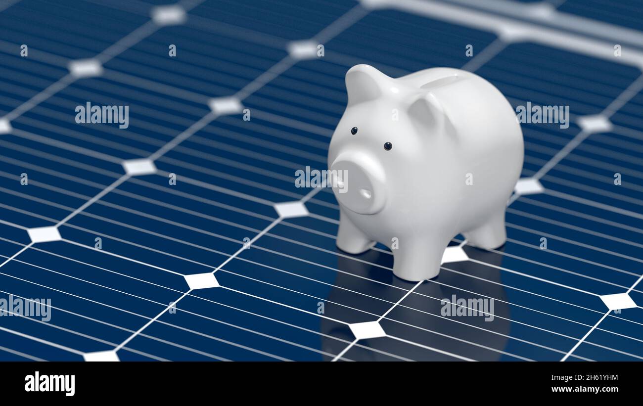 Pannello solare con salvadanaio. Concetto di risparmio. illustrazione 3d. Foto Stock