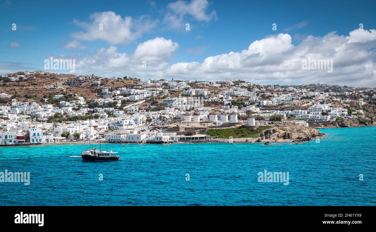 Paesaggio panoramico dell'isola di Mykonos, Grecia. Foto Stock