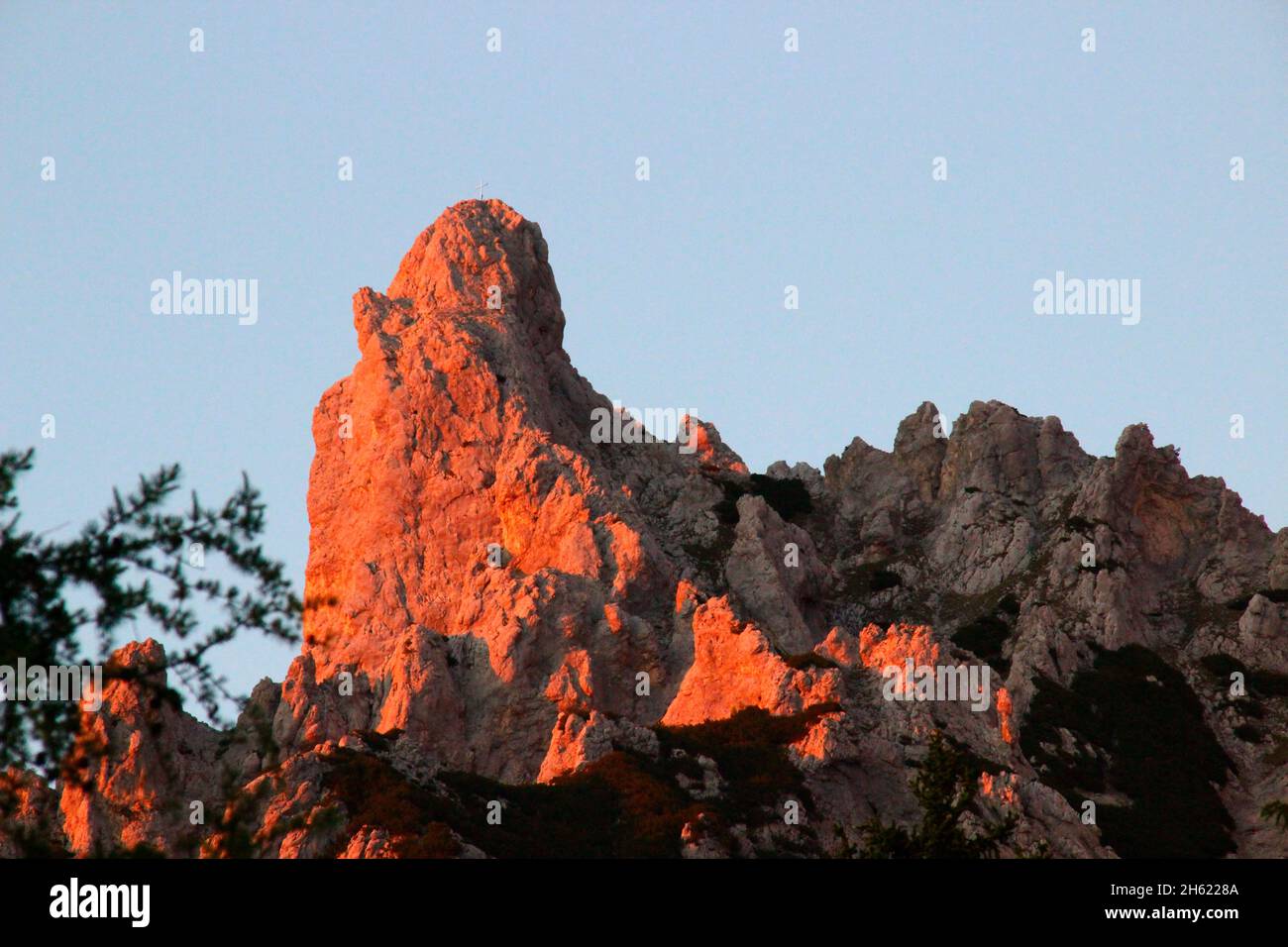 vierererspitz, viererspitze karwendel mittenwald in calda luce della sera, tramonto sole, alpenglow, rami di larice, europa, germania, baviera, alta baviera, valle dell'isar, mittenwald, werdenfelser terra Foto Stock