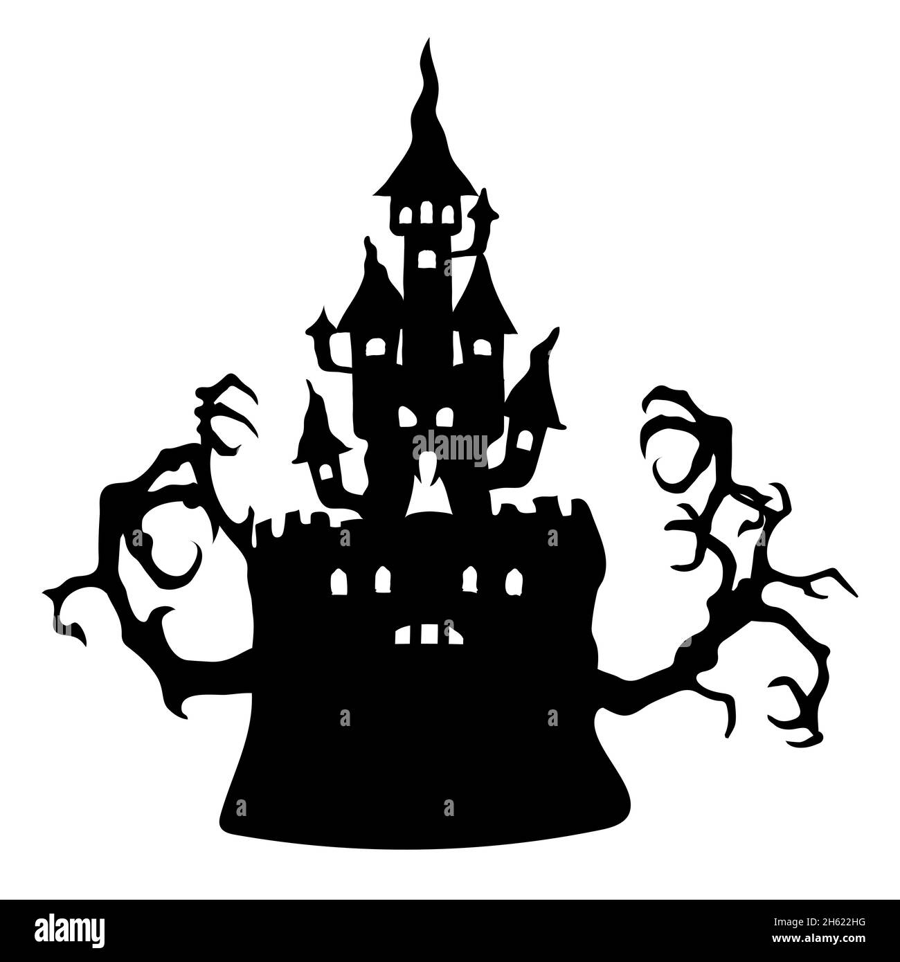 Silhouette di un castello sinistro con rami d'albero per Halloween. Immagine vettoriale su sfondo bianco. Illustrazione Vettoriale