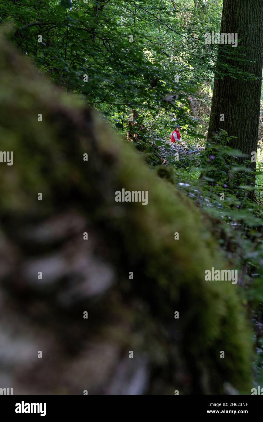 europa,germania,baden-wuerttemberg,regione di schönbuch,waldenbuch,ragazzo gode di una splendida giornata di primavera nella foresta Foto Stock