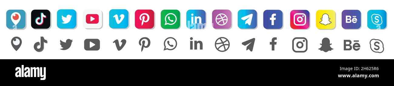 Popolare raccolta di logotipi di social media: Facebook, TikTok, instagram, twitter, youtube, pinterest, periscopio, vimeo. Illustrazione Vettoriale