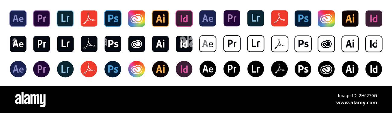 Kiev, Ucraina - 6 novembre 2021: Set di logotipi di prodotti adobe. Illustrazione Vettoriale