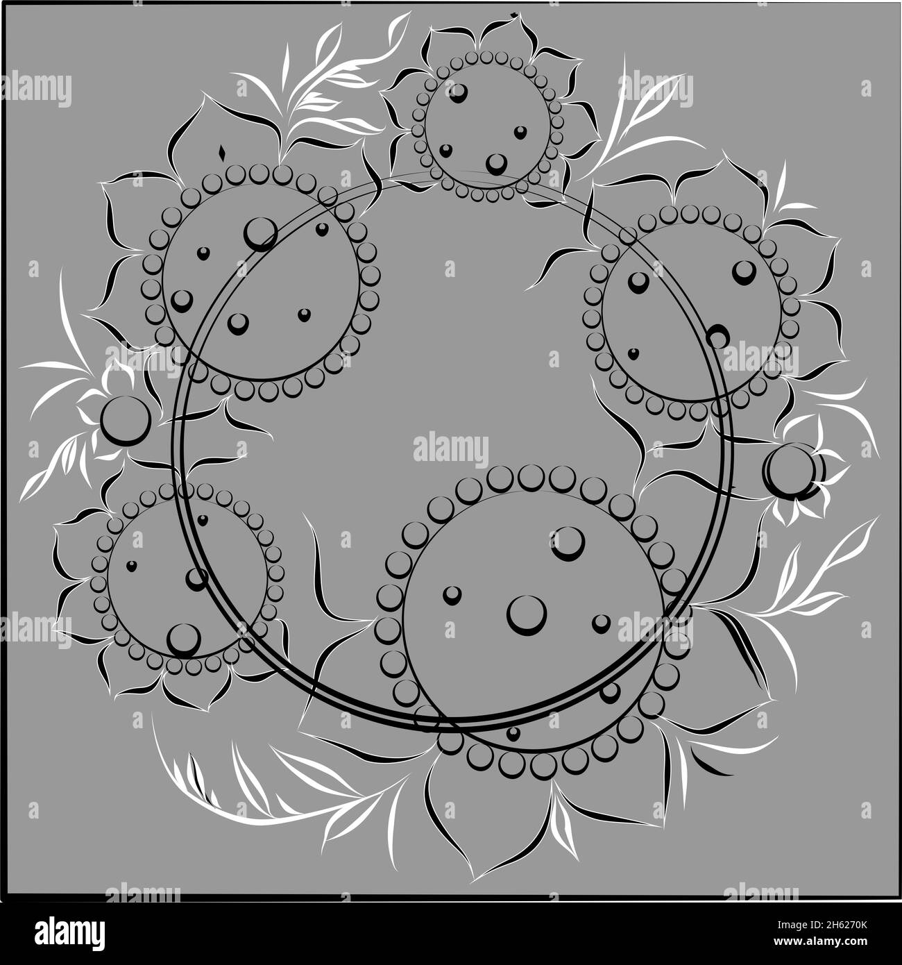 grafica black and white floral pattern su sfondo grigio Foto Stock