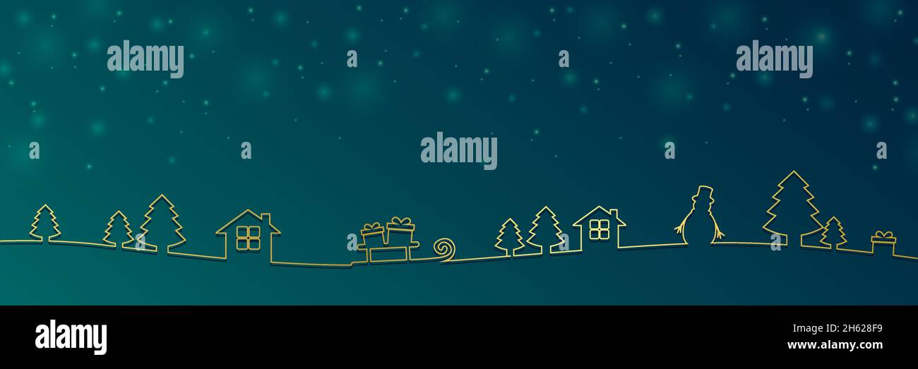 golden christmas border con abeti casa cervo e regalo paesaggio Illustrazione Vettoriale