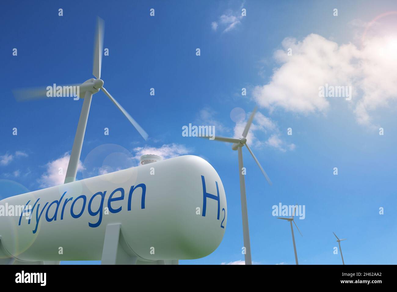 Serbatoio di idrogeno e mulini a vento su sfondo cielo blu. Concetto di energia sostenibile ed ecologica. illustrazione 3d. Foto Stock