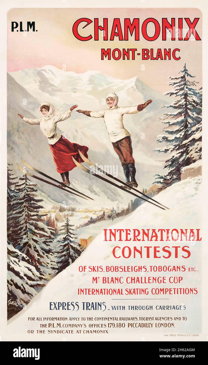 Francisco Tamagno, CHAMONIX, Mont-Blanc, Poster da viaggio d'epoca - Sport invernali. C 1900. Poster PLM. Concorso internazionale. Salto con gli sci. Foto Stock