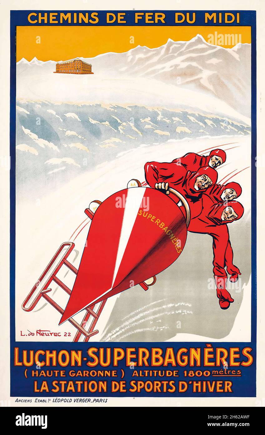 Poster Vintage Travel - Sport invernali, Chemins de fer du midi. Bob / Bob. Luchon-Superbagneres. La Station de Sports D'Hiver. 1922. Foto Stock