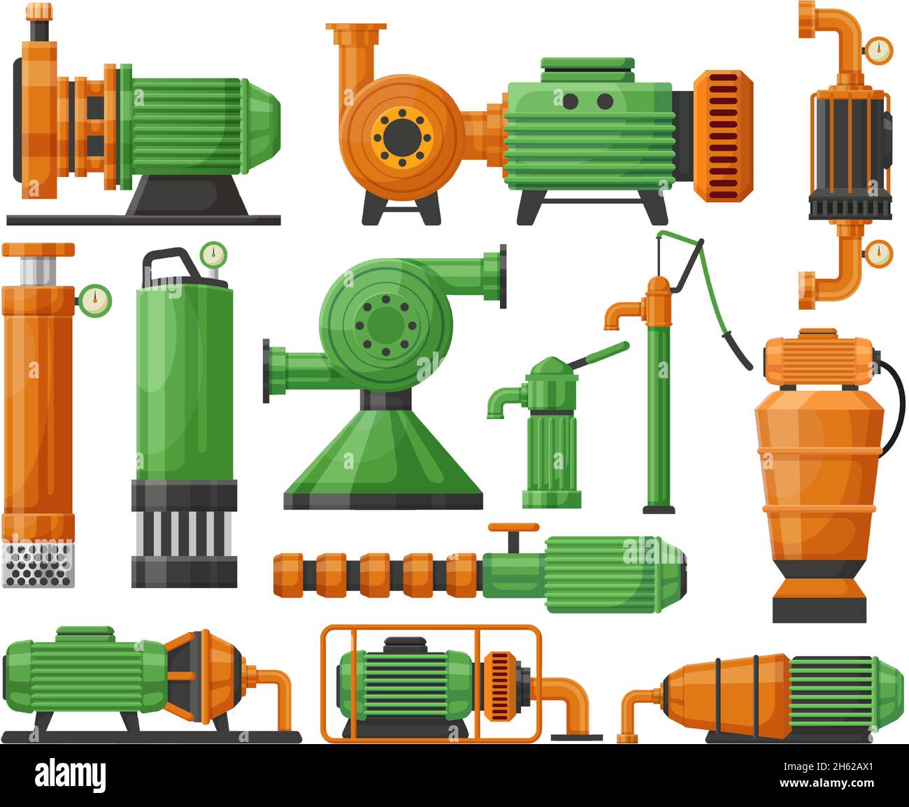 Pompe dell'acqua industriali, apparecchio per stazioni di pompaggio dell'acqua. Compressore di pompaggio dell'acqua, set di illustrazioni vettoriali per apparecchiatura stazione di pompaggio dell'acqua Illustrazione Vettoriale