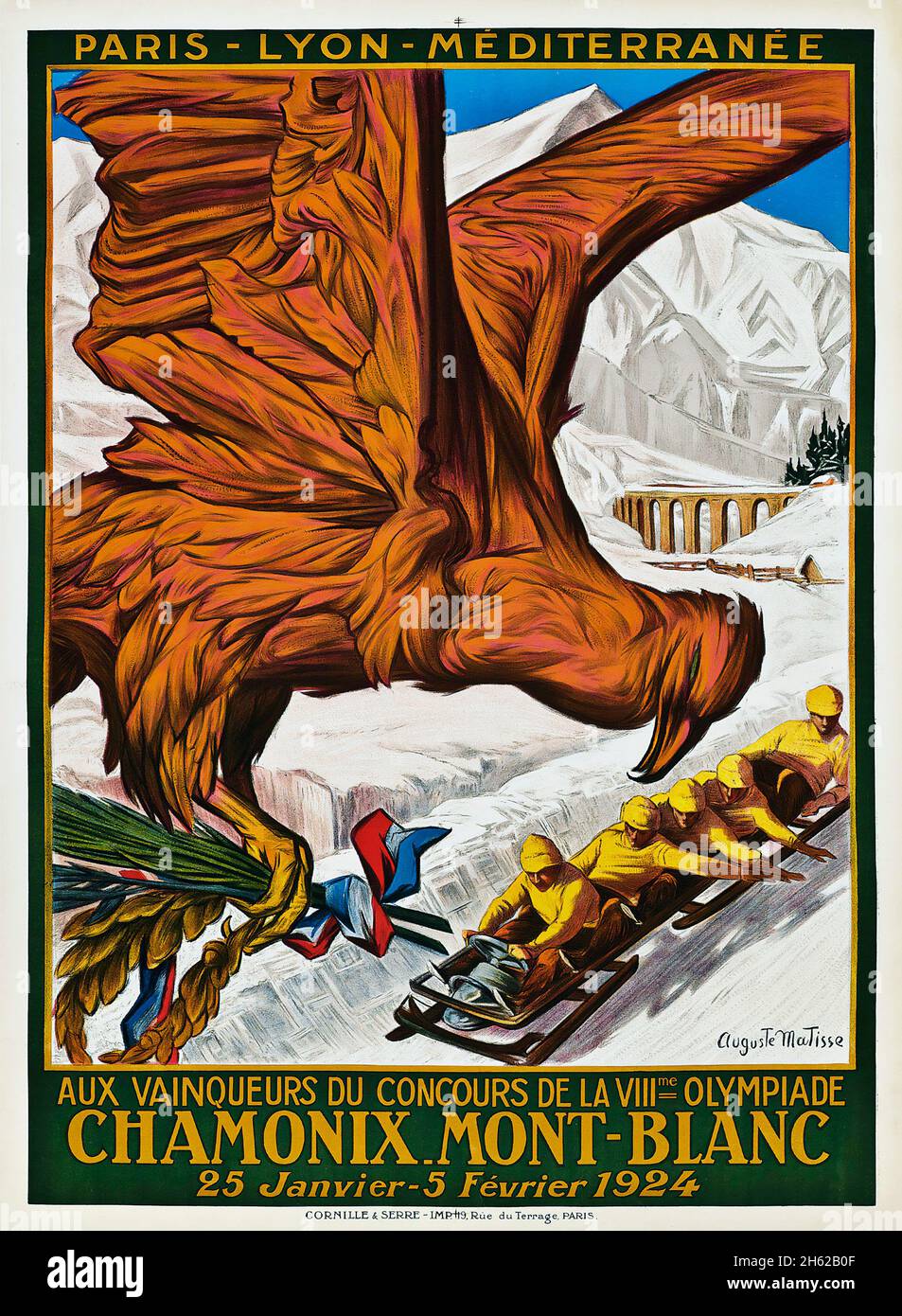 Poster Vintage Travel - Sport invernali - Auguste Matisse (francese, 1866–1931) CHAMONIX MONT-BLANC VIIIme OLYMPIADE 1924, Giochi olimpici 1924 Foto Stock