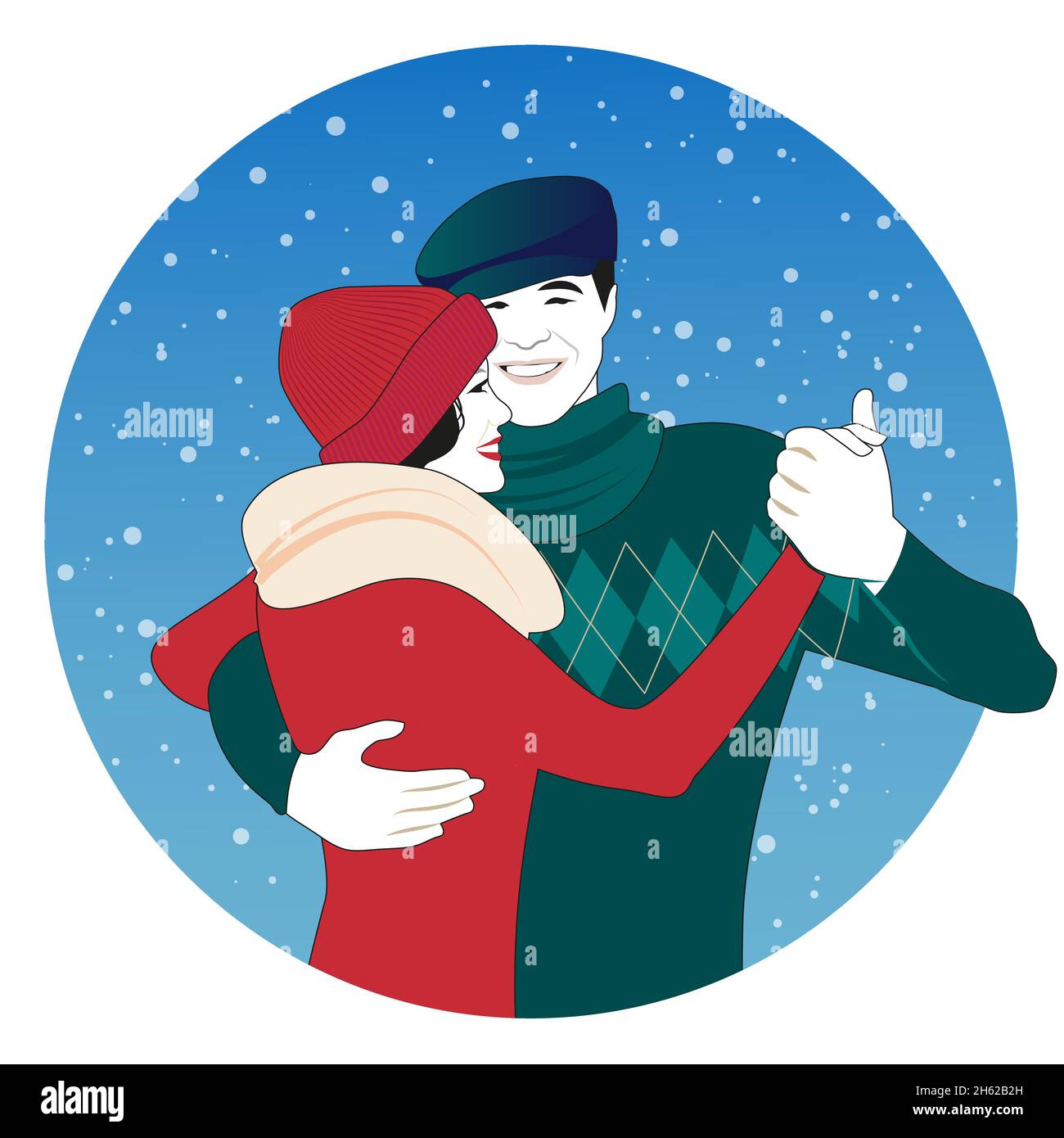 Coppia allegra che indossa abiti invernali danzanti sotto la neve Illustrazione Vettoriale