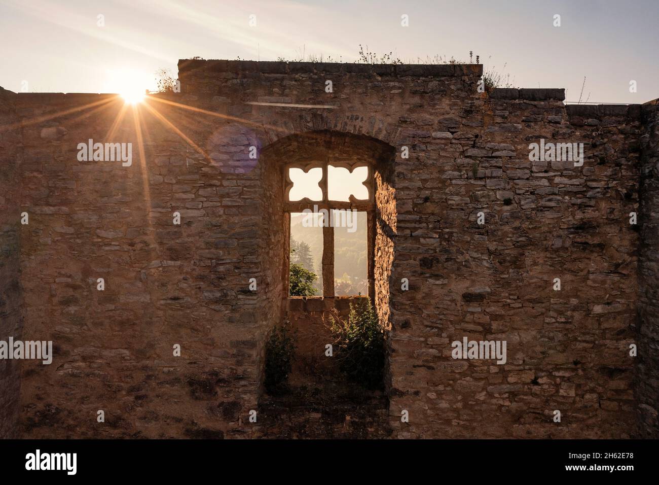 germania,turingia,comunità rurale geratal,liebenstein,rovine del castello di liebenstein,alba,muro,finestra,colpo al coperto Foto Stock