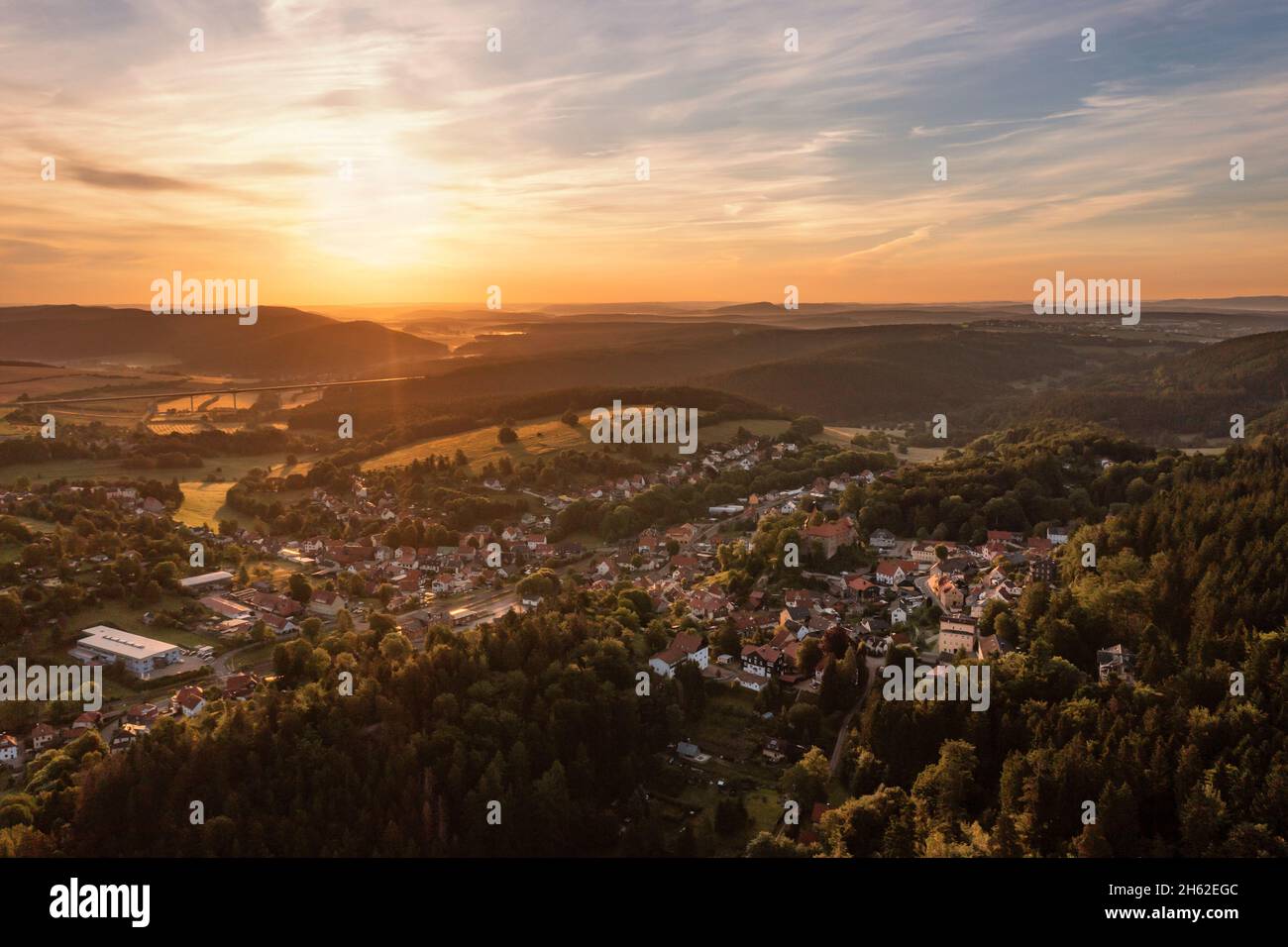germania,turingia,geratal,plaue,elgersburg,castello,panoramica,alba,retroilluminazione Foto Stock