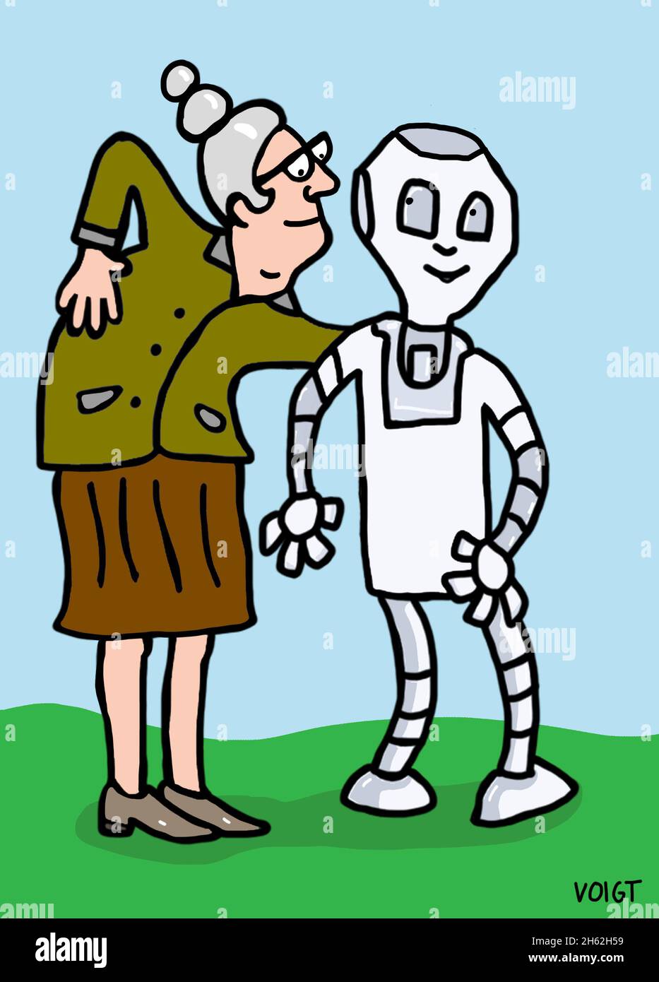 illustrazione,una donna anziana con il suo robot di cura Foto Stock