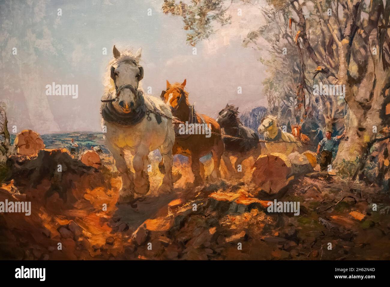 dipinto intitolato 'il legno corre nelle colline gallesi' di lucy elizabeth kemp-welch Foto Stock