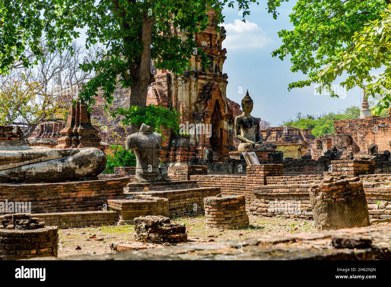 statue di buddha e prang, wat maha that, complesso di tempio buddista, costruito nel 1374 sotto re borommaracha i, ayutthaya parco storico, ayutthaya, thailandia, asia Foto Stock