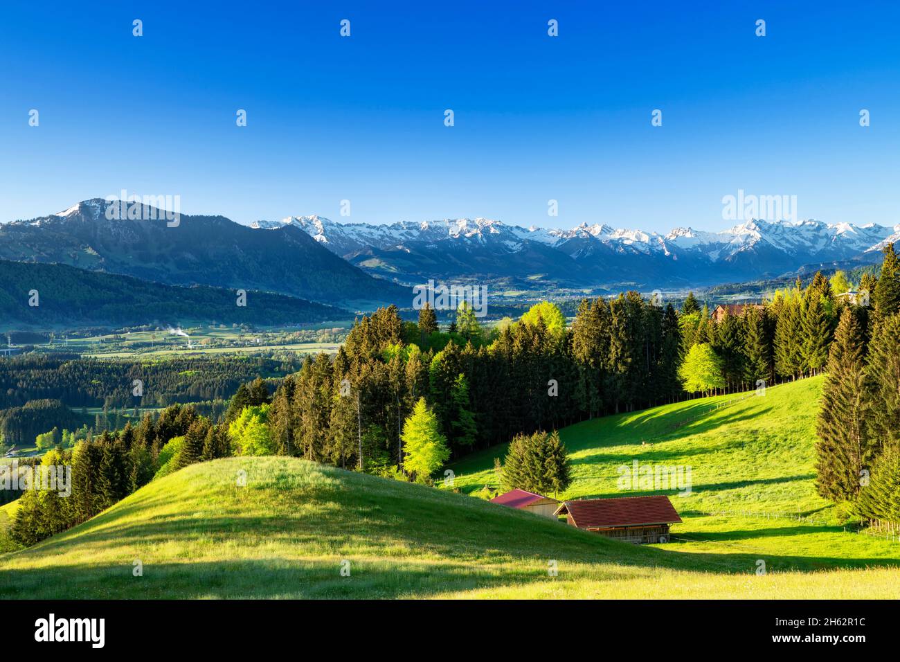 primavera nel allgäu. vista sul illertal per le alpi allgäu con il grünten. prati, foreste e montagne innevate sotto un cielo blu. baviera, germania, europa Foto Stock