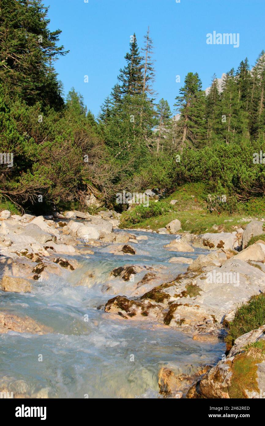 austria,tirolo,alleranger,lafatscherbach,montagne,alpi,paesaggio montano,idillio,ruscello,brooklet,atmosferica,estate,cielo,roccia,turismo,natura,alberi, Foto Stock