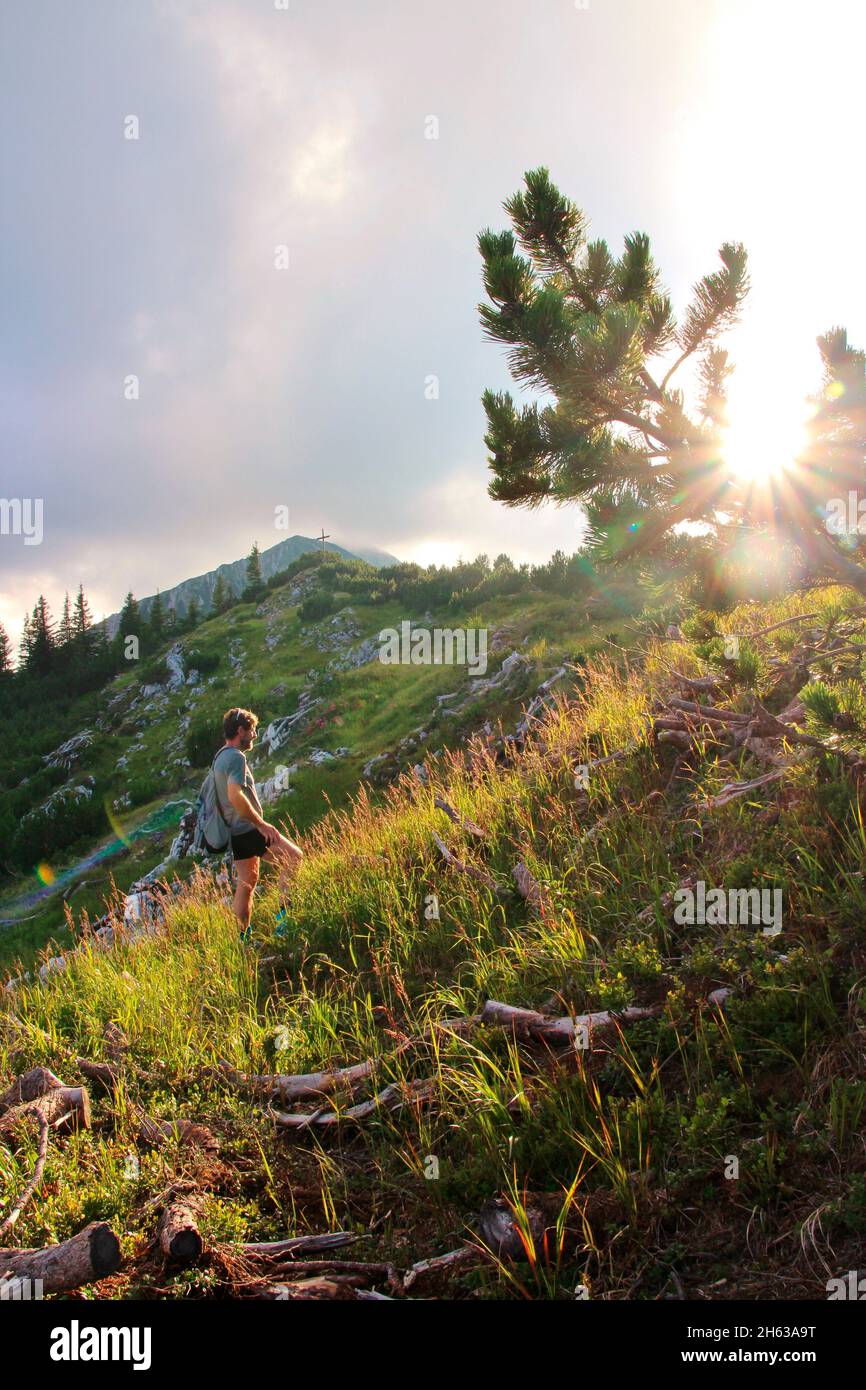 uomo di mezza età in escursione al gap 1829 m, estergebirge, tramonto, erbe in primo piano, vista verso la cima, umore nuvola, europa, germania, baviera, alta baviera, werdenfelser terra, alpenwelt karwendel, valle isar, krün, umore sera Foto Stock