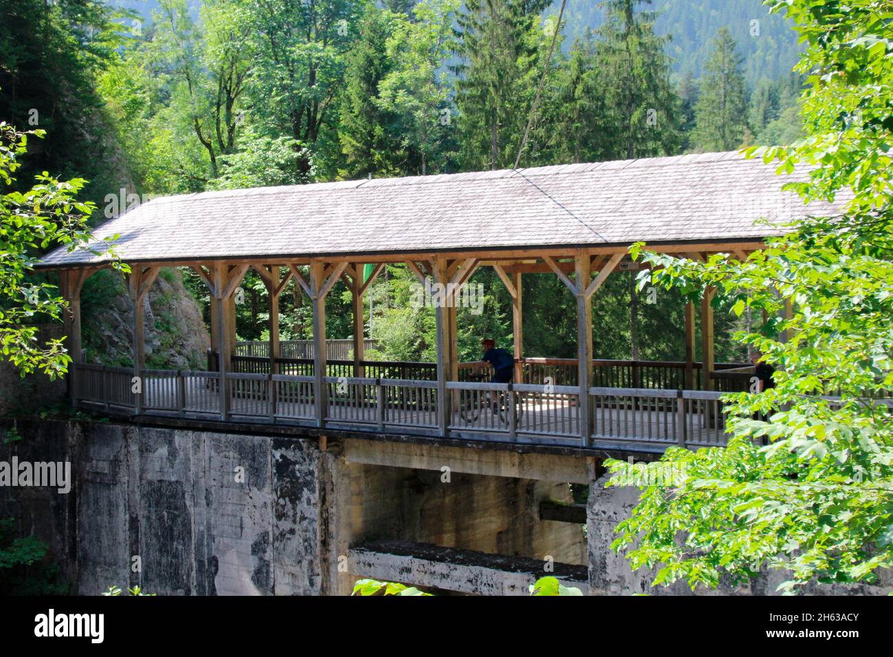 archduke johann klause, diga, sulla brandenberger ache, montagne brandenberger, brandenberg, tirolo, austria, europa, legno, ponte, ponte di legno Foto Stock