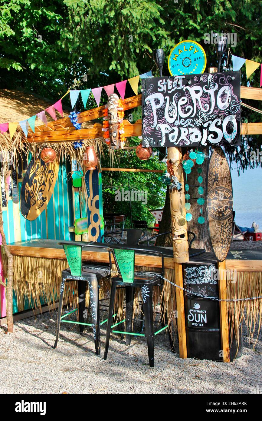 beach bar, 'puerto paraiso', possenhofen, lago starnberg, alta baviera, baviera, germania Foto Stock