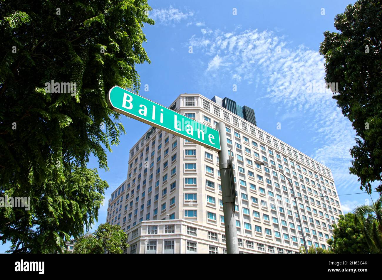 Un cartello con il nome della strada per Bali Lane con il Raffles Hospital sullo sfondo nel quartiere Bugis di Singapore. Foto Stock