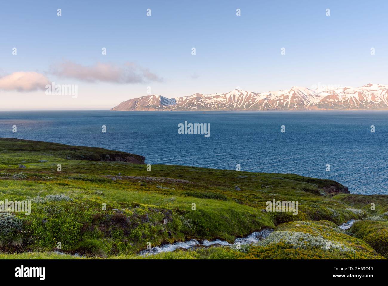 Vista mozzafiato del fiordo in islanda a mezzanotte in estate Foto Stock