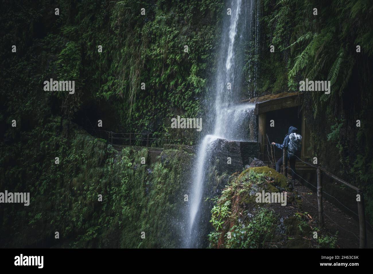 l'escursionista si avvicina a una cascata lungo una cosiddetta levada sull'isola di madeira. Foto Stock