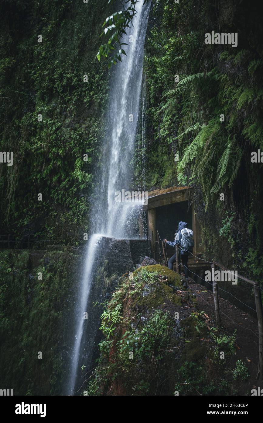 l'escursionista si avvicina a una cascata lungo una cosiddetta levada sull'isola di madeira. Foto Stock