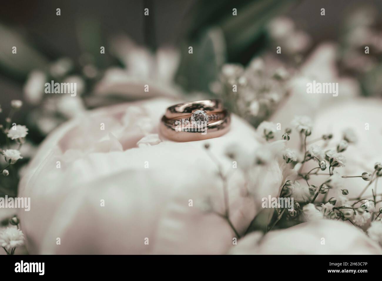 primo piano bouquet nuziale in bianco con peonie e gypsophila, anelli di nozze e anello di fidanzamento a fuoco Foto Stock