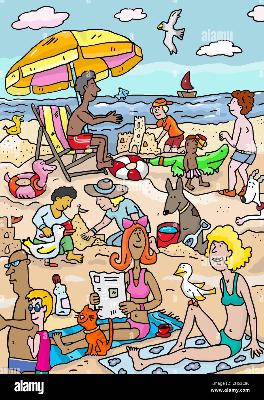 oggetto nascosto,spiaggia,mare,estate,vacanze estive,sabbia,ombrellone,acqua,nuoto,castello di sabbia,bambini,animali Foto Stock