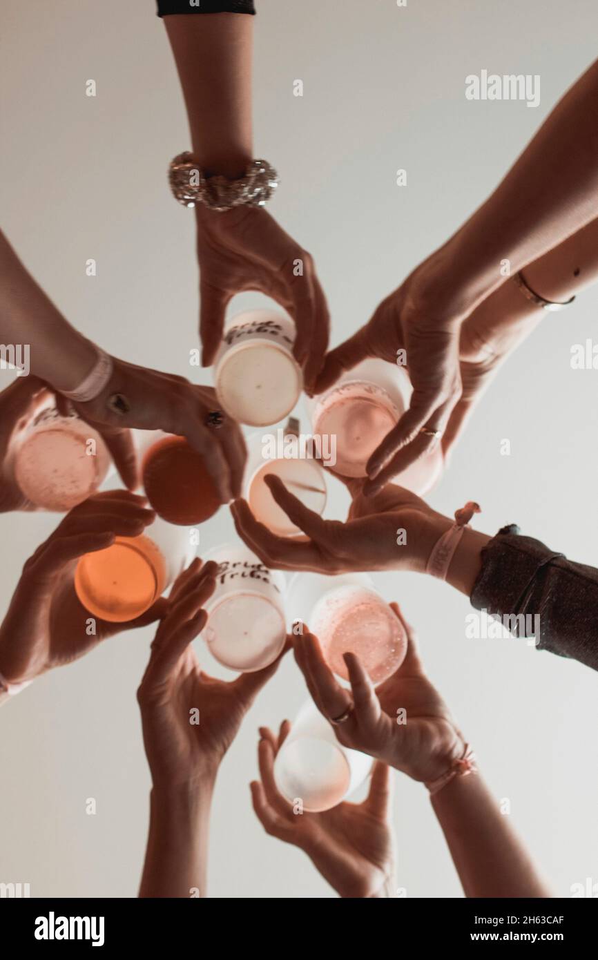 bachelor party, girlfriends tostare con champagne, fotografato da sotto Foto Stock