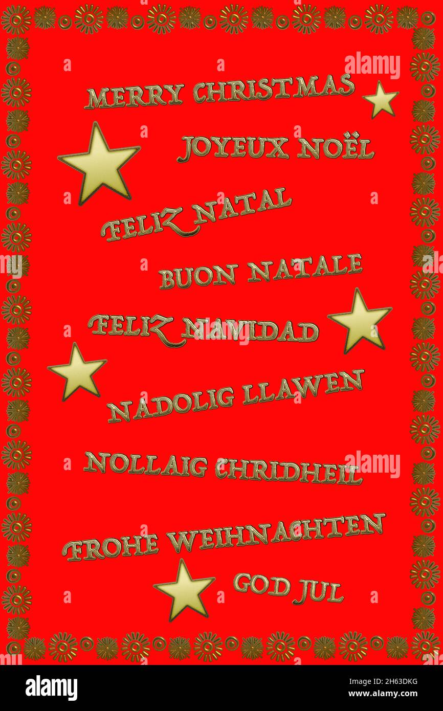Buon Natale in diverse lingue, illustrazione vettoriale su sfondo rosso Illustrazione Vettoriale