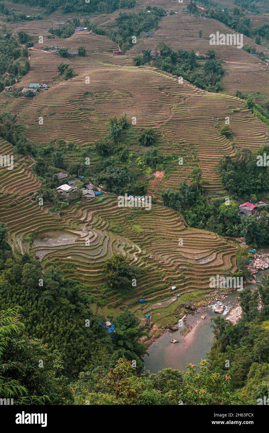 Foto aerea di un paesaggio rurale di risaie terrazzate a Vietna Foto Stock