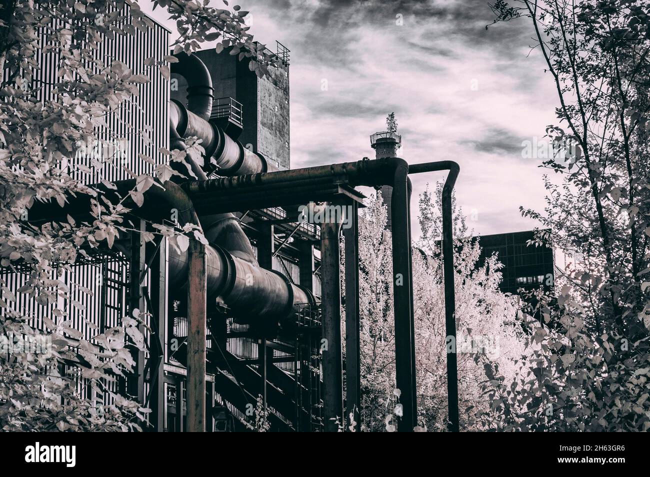 vecchie strutture presso il sito patrimonio mondiale dell'unesco 'zeche zollverein' - un monumento industriale di una ex miniera di cole a essen, renania settentrionale-vestfalia, germania. sparare con termocamera modificata, ir720 nm. Foto Stock