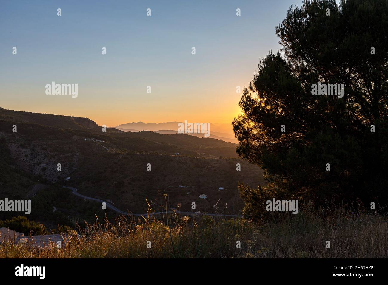 la splendida alba copre la catena montuosa e la foresta di montagna con luce al parco naturale della sierra de las nieves, andalusia, spagna Foto Stock