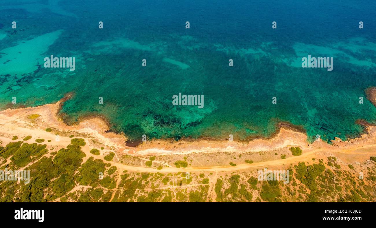 vista aerea, spiaggia sabbiosa di can picafort, illes balears, mallorca, isole baleari, isole baleari, baleares, spagna Foto Stock