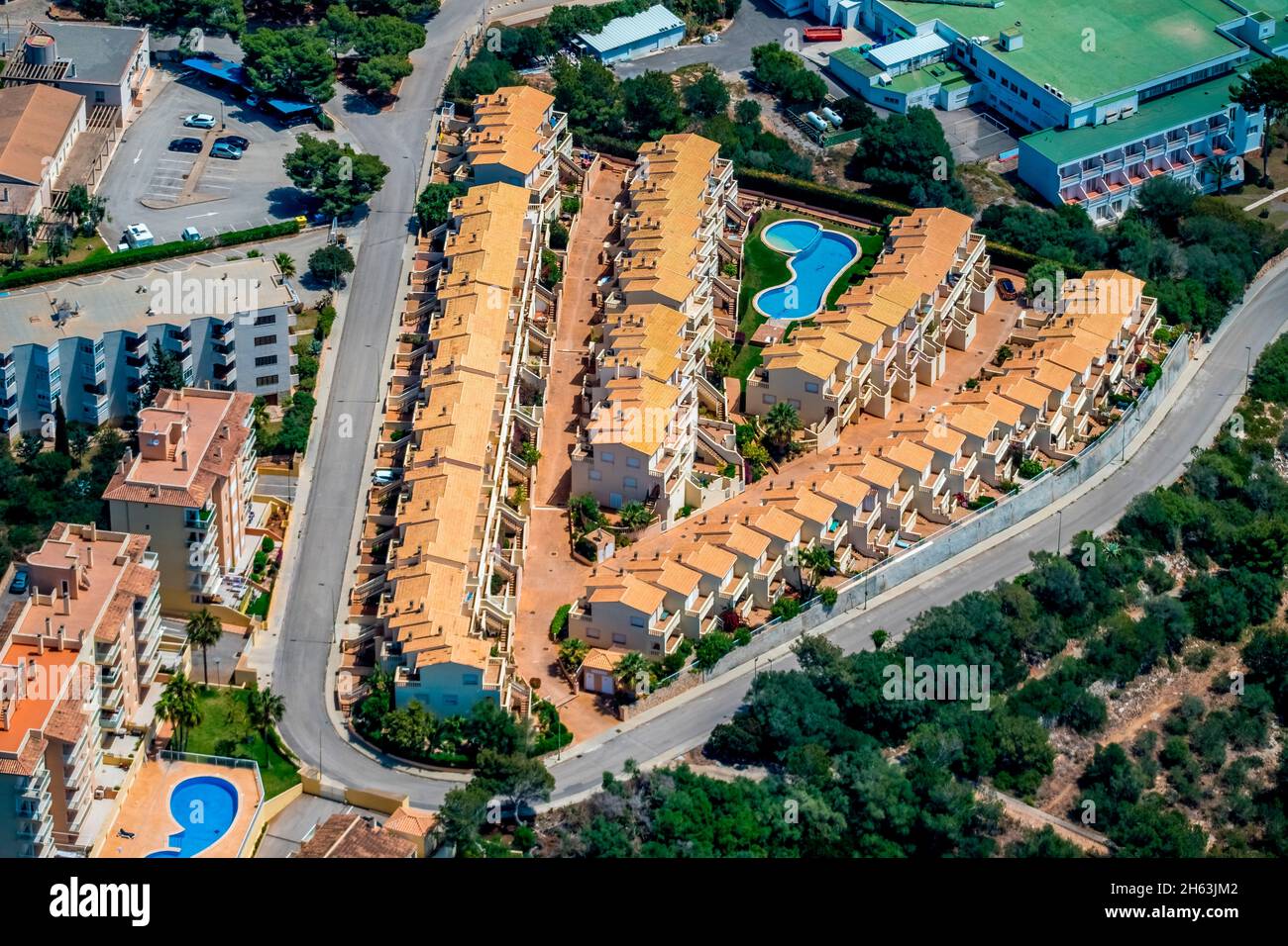 vista aerea,complesso di case vacanze a cales de mallorca,manacor,isole baleari,maiorca,spagna Foto Stock