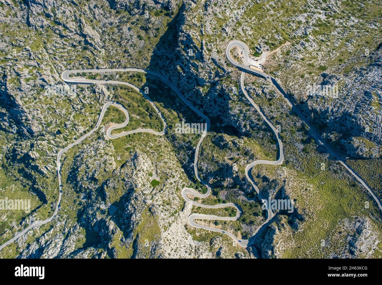 vista aerea,serpentine nei monti tramuntana vicino a escorca,maiorca,isole baleari,spagna Foto Stock